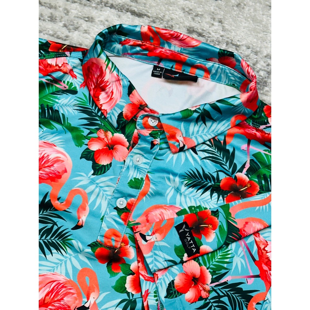 Yatta‎ Golf Polo Shirt Mens Medium Blue Flamingo Tropical Hibiscus Print